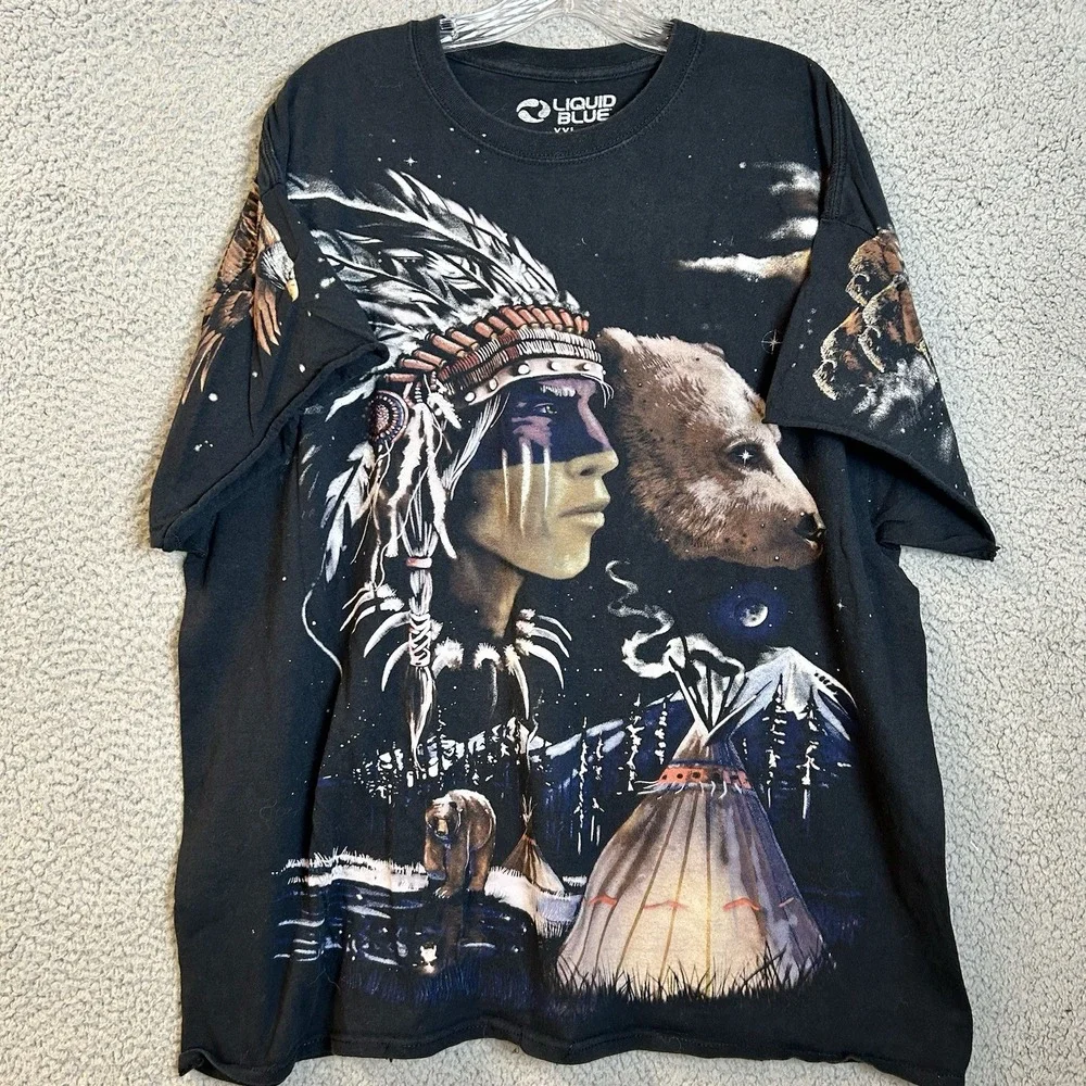 Vintage Liquid Blue Shirt Mens 2XL Indian Bear Wolf AOP Nature Tee Cut Off